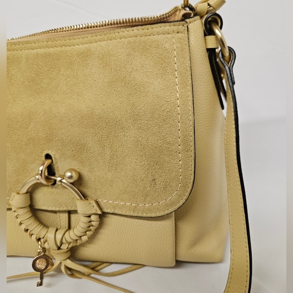 See By Chloe Joan Two Way Leather And Suede Crossbody Bag In Straw Beige Gold - Picture 16 of 17